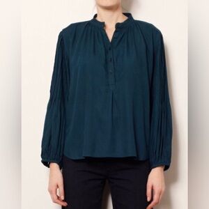 APiece Apart Bravo Pintuck Blouse Sea Storm Blue 1/2 Button Top Blouse Size 2